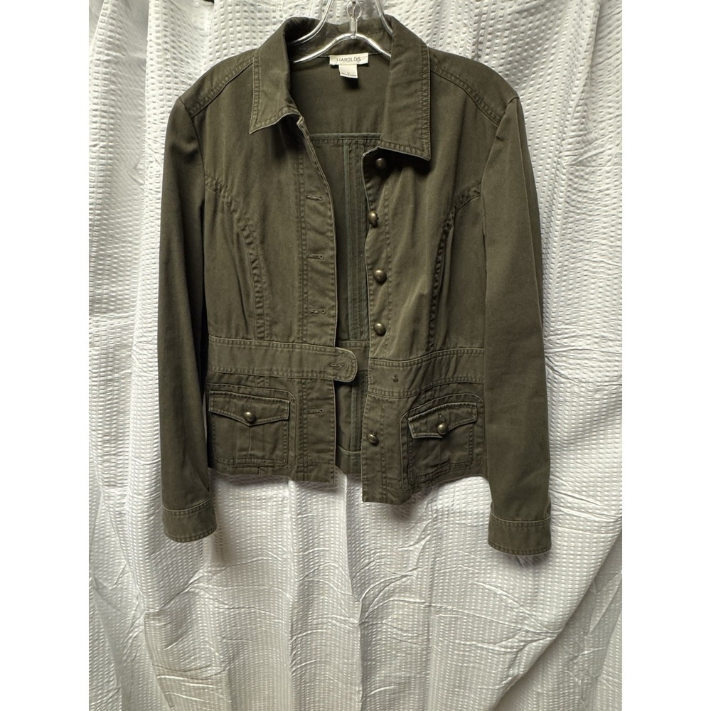 Women's Harolds 100% Cotton Olive Green Utility Jacket Bronze Button Size M - Picture 2 of 13